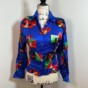 Vtg ESCADA 100% Silk Blouse-Abstract Color Block Print - Bold Blue Statement Top